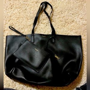 YSL black leather tote with removable pouch